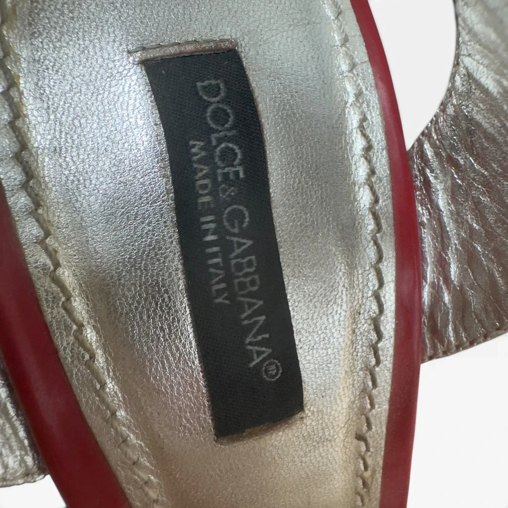 Dolce & Gabbana Sandals Womens 37.5 Red Patent Leather Peep Toe Cone Heel Italy